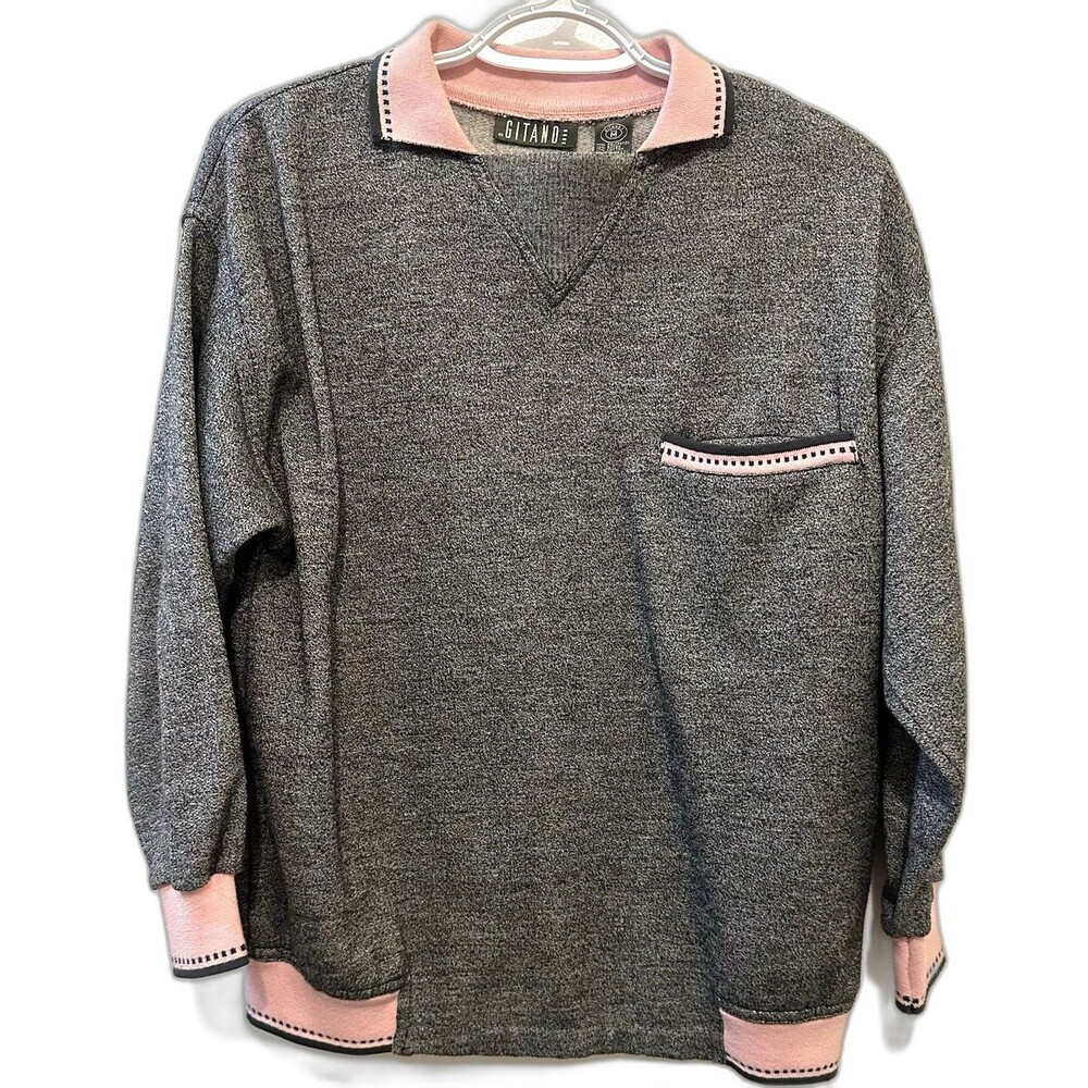 Vintage Gitano Pink Collar Pullover Sweatshirt Gray Contrast Trim Size M